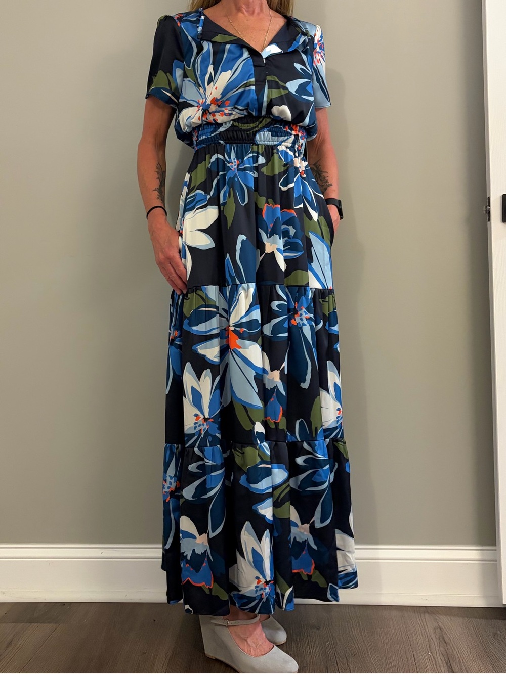 Nicole Miller Navy Floral Maxi Dress with Blue and White Blooms